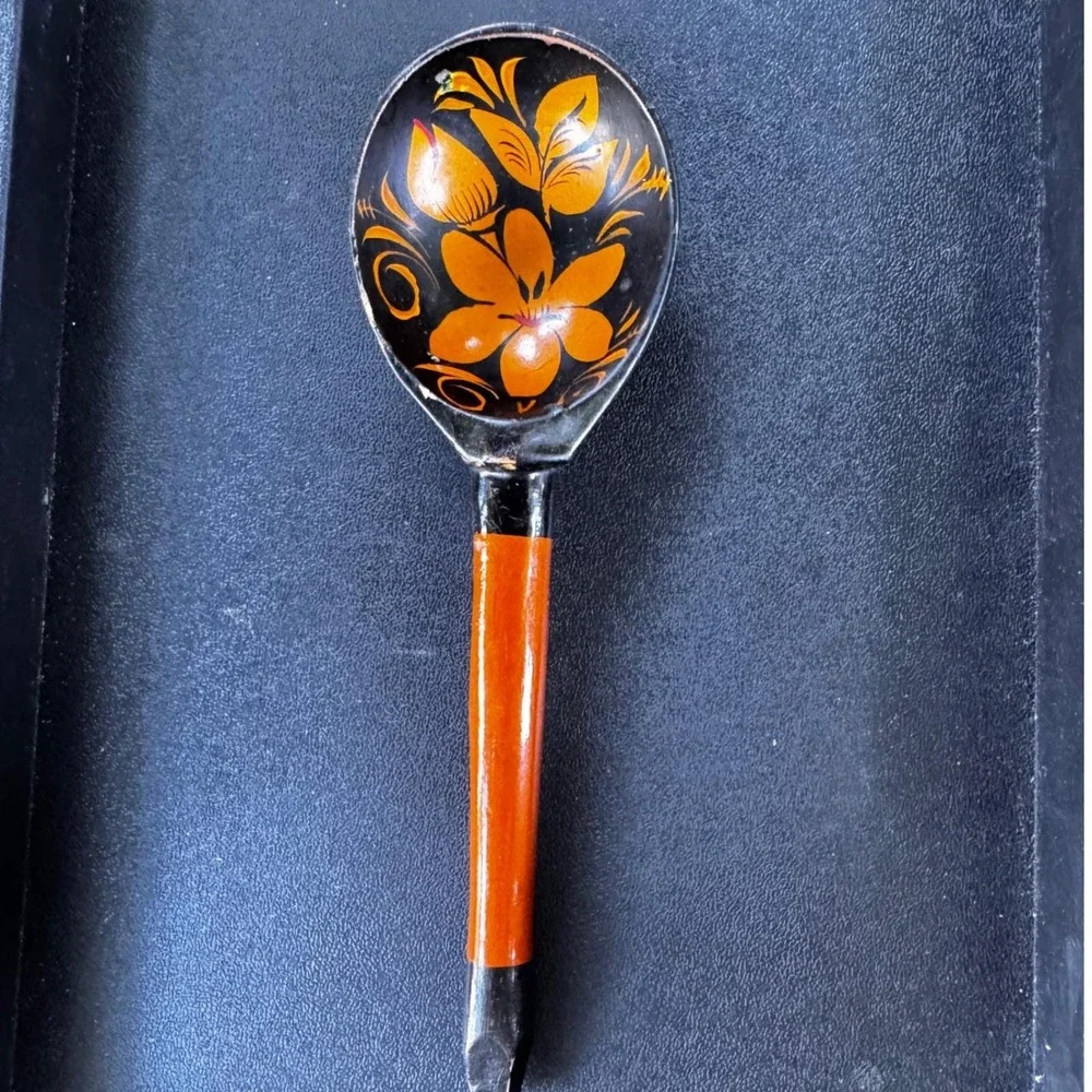Vintage Khokhloma Wooden Spoon‎ Hand Painted Floral Folk Art Decor